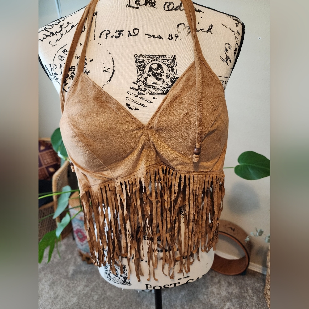Faux Suede Fringe Halter Top